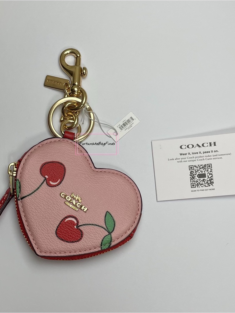 Coach CF160 Pink & Red Heart Pouch with Heart Cherry Print Bag Charm Keychain - Picture 4 of 9